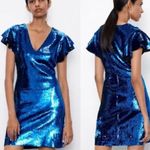 ZARA Blue Sequin Flutter Ruffle Sleeve V-Neck Bodycon Mini Cocktail Dress Photo 3