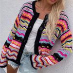 Coriresha Multicolor Striped Open Knit Bell Sleeve Cardigan Sweater Black Size XL Photo 7