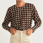 Mango  Size 4 Romi Geometric Print Blouse Long Sleeve Black Brown Shirt Top MNG Photo 0