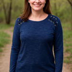 Ny Collection  Blue Knit Top with Eyelet Lacing Detail P2P 21-28” SIZE XL, NWT Photo 0