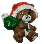 Signed Russ Christmas Holiday Teddy Bear with Santa Hat Toy Sack Brooch Pin 1.5" Brown Photo 0