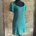 Vintage Old Navy Womens Teal Crochet Tunic Mini Dress Size Large Boho Blue Photo 1