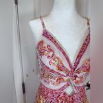 Angie  Boho Paisley Maxi Dress L Twist Front Cutout Tiered Lace Trim Photo 1