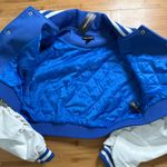 Pretty Little Thing BLUE GRAPHIC FRONT FAUX LEATHER RUCHED SLEEVE CROPPED BOMBER JACKET Photo 6