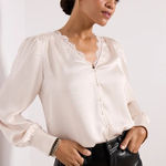 Evereve Ariella Lace Trim Long Sleeve Button Up Satin Blouse Top Champagne Large Photo 0