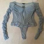 Privy  Blue Mesh Corset Bodysuit Ruched Sleeves NWT Coquette Photo 0