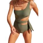 Aerie One Shoulder Tie Waist One Piece Swimsuit Olive Green Size Medium Long NEW Photo 2