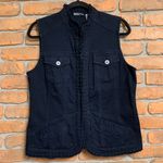Chico's  Platinum Women's Y2K Ruffle Trim Hook Button Cotton Denim Vest Dark Blue Photo 0