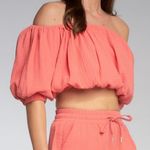 Elan Coral Off The Shoulder Cropped Crop Top Small Puffy Sleeves NWT Photo 1