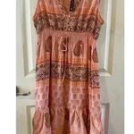 NWT Chaudry KC Size Large 100% Silk Coral Ruffle Floral Knee Length Boho Peasant Orange Photo 0