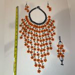 Handmade Floral Beaded Necklace, bracelet and Earring Set. Orange Photo 2