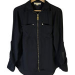 Michael Kors Zip Front Blouse Womens S Black Long Sleeve Gold Hardware Career Photo 0