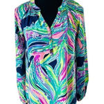 Lilly Pulitzer  Elsa Top 100% Silk Long Sleeve Split Neck Blouse Blue Siz… Photo 0