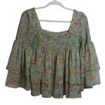 Free People  Golden Age Floral Chiffon Smocked Square Neck Bell Sleeve Blouse S Photo 1