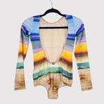 LIVE Womens Swimsuit Blue One Piece Sunset Beach Graphic Open Back Petite Small Photo 1