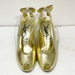YSL Yves St Laurent Size 8.5 Metallic Gold Peep Toe Sling Bow Back Pump Heels Photo 1
