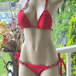 Luxurious Geometric Gem Brazilian Cheeky Halter Slide Triangle Bikini Set Red Size L Photo 4