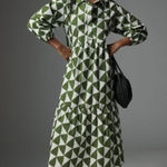 Anthropologie Maeve Bettina Dress Womens XS Green White Geometric Tiered Midi Photo 0