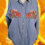 Bobbie Brooks Denim Embroidered‎ Floral Button Up Shirt Size Medium Blue Photo 0