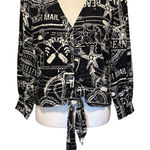 Joie NEW  Size L Linen Blend Black White Beach Art Print Button Tie Front Shirt Photo 0