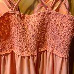 Zenana Outfitters crochet lace cross strap smocked, light peach, ruffle, cami tunic size L Photo 5