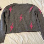 Pink Rose  V-Neck Sweater with Pink Lightning on Gray Photo 1