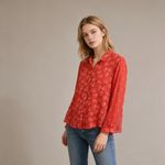 Johnny Was $350 NWOT  Desi Embroidered Floral Red Eyelet Button Shirt Blouse Sz L Photo 1
