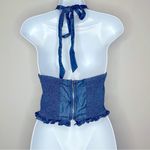 Bebe  Blue Denim Smocked Waist Cropped Halter Top Size‎ M/L Photo 1