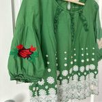 Odd Molly Anthropologie Green Boho Embroidered Scallop Hem Blouse Size S Photo 2