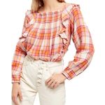 Free People • Siena Plaid Pullover top blouse orange pink smocked peasant Photo 3