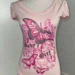 Common Threads Y2K Baby Girl Pink Butterfly Tattoo Tee M Side Ruched Vintage Photo 0