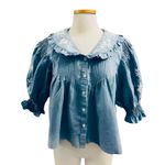 SEA NEW YORK NY KYLA EMBROIDERY ON CHAMBRAY PUFF SLEEVE BUTTON UP TOP SIZE L Blue Size L Photo 5