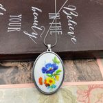 Vintage Floral Cameo Pendant Necklace | Large Oval Statement Blue Photo 3