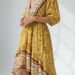 Umgee Boho Yellow Floral Print Maxi Dress V Neck Long Sleeve Tie Back High Low Photo 0