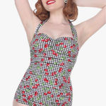 Bettie Page Sarong Cherry Plaid Swimsuit Pinup Retro Rockabilly Red White Size 4 Photo 0
