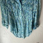 Ava & Grace Size Small Blue Green‎ Ikat Artsy Art Funky Rayon Roll Tab Blouse Photo 2