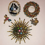 Flawed Vintage CZ Rhinestone Ceramic Cameo Starburst Bird Brooches Gold Photo 0