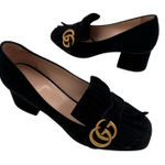 Gucci  Marmont GG Fringe Kiltie Block Mid Heel Loafer Pumps Black Suede Size 37 Photo 0