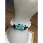Turquoise & Pearl Stretch Bracelet With Swarovski Crystal Pave Accents White Photo 2
