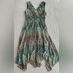 Dress Barn  Retro Print Flutter Hem Midi Dress  Teal Green Brown Whimsical Size 10 Photo 5