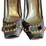 Elaine Turner Platform Heels Open Toe Brown Suede Tortoise Shell Heel Gold Hardw Size 6.5 Photo 3