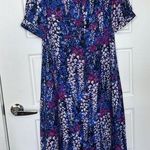 Dyvna  Floral Print Short Sleeve Silk Blend Midi Shirt Dress Blue Size Medium Photo 0