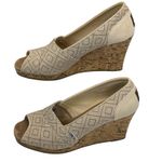 Toms Strappy Cork Wedge Sandals Sz 7 Beige Ikat Canvas Peep Toe Espadrille Boho Photo 1