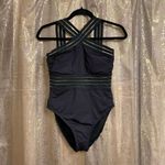 Kenneth Cole Black One Piece Cross Neck Illusion Striped One Piece Swimsuit, M Photo 1