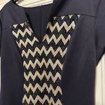 Connected Apparel Navy Sheath Metallic Chevron Split Neck Dress Photo 3