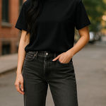 American Eagle Womens Jeans Sz 4 90s Boot Cut Black Distressed Ripped Denim Photo 0