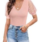 Crochet Lace Puff Sleeve Bodysuit XL Pink V Neck Ribbed Knit Snap Closure NEW Photo 0