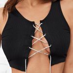 Rhinestone Sexy Front Lace Up Ribbed Knit Crop Top Black S Photo 5