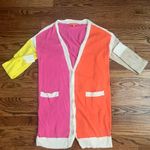 Vilagallo Color Block Long Cashmere Blend Cardigan (Yellow, Pink, Orange) Large Pink Photo 0