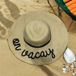 Stylish Tan Sun Hat with Black Embroidery On Vacay Straw Floppy Hat Photo 0